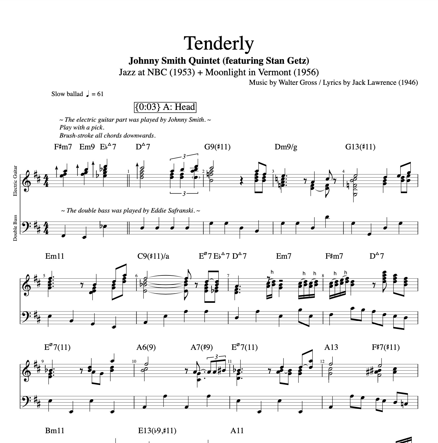 Tenderly Johnny Smith Quintet feat. Stan Getz Guitar Saxophone Bass Tabs Sheet Mus Play Like The Greats